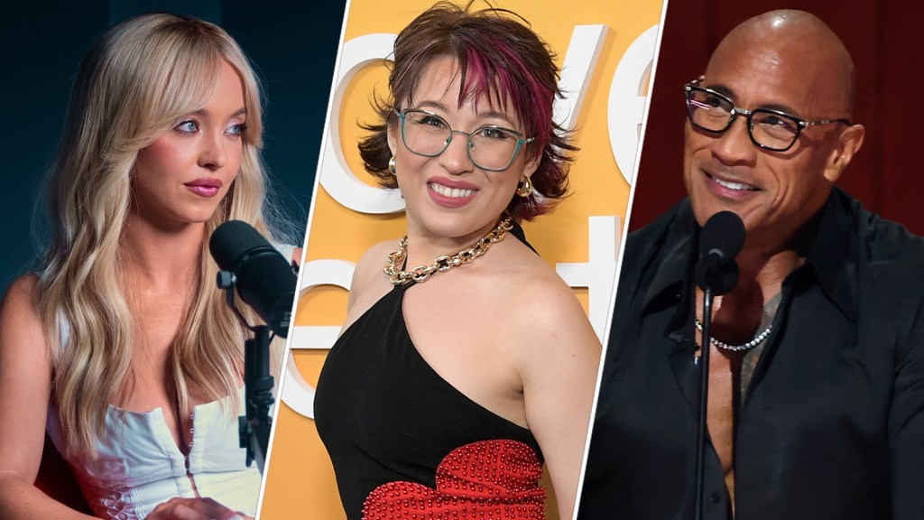 Three speakers shown in a diagonal collage: a blonde woman at a microphone, a smiling woman with short colorful hair and glasses at a backdrop, and a man with glasses speaking into a mic.